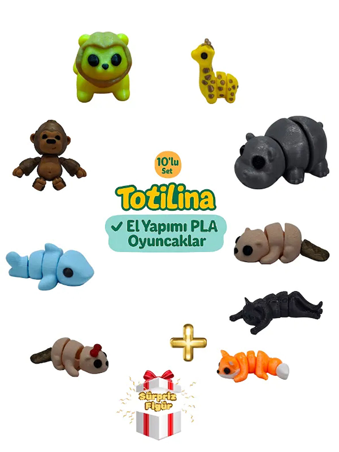 10'lu set (zürafa hipopotam su samuru kedi tilki köpek balığı goril…)