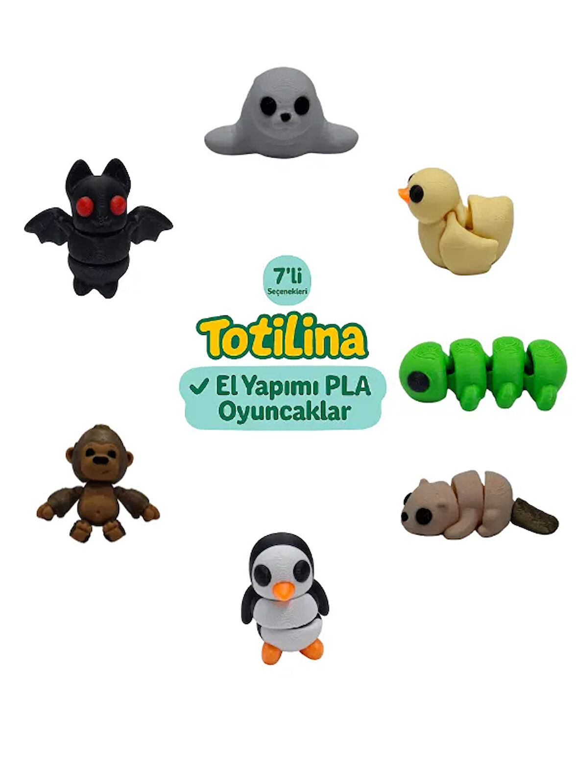 7'li set (fok ördek tırtıl su samuru penguen goril yarasa…)