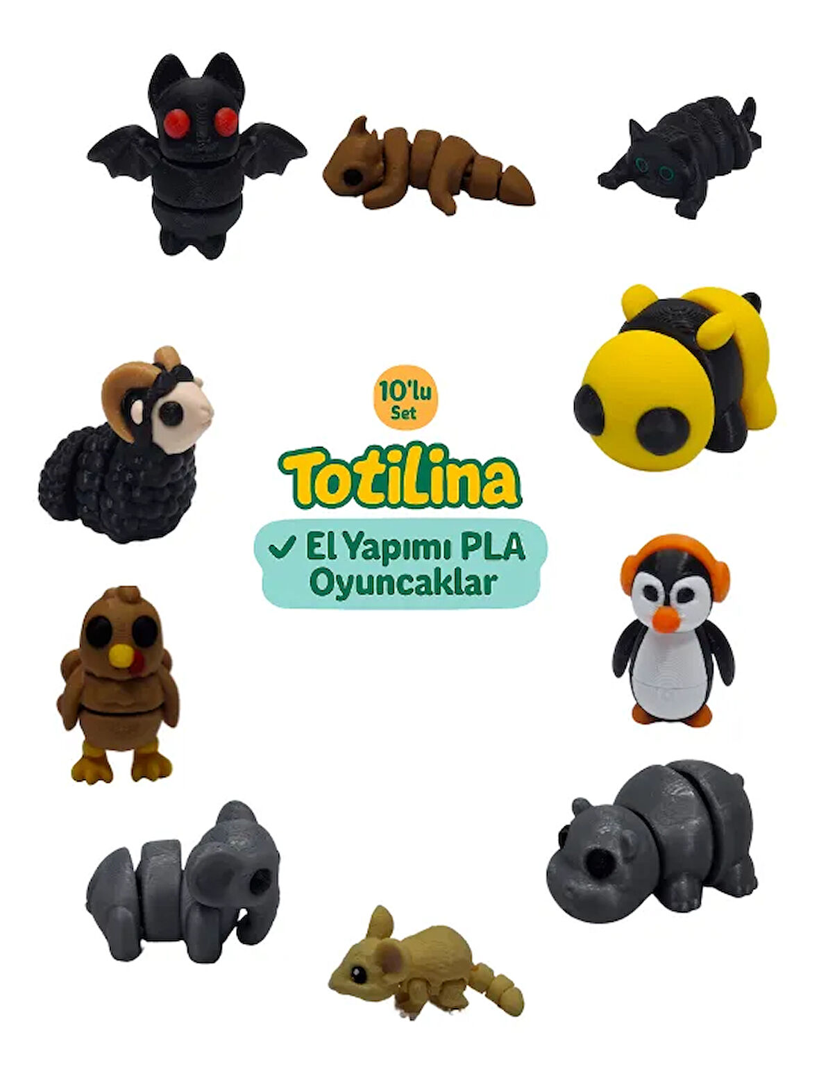 10'lu set (ejderha kedi arı penguen hipopotam fare fil hindi koç…)