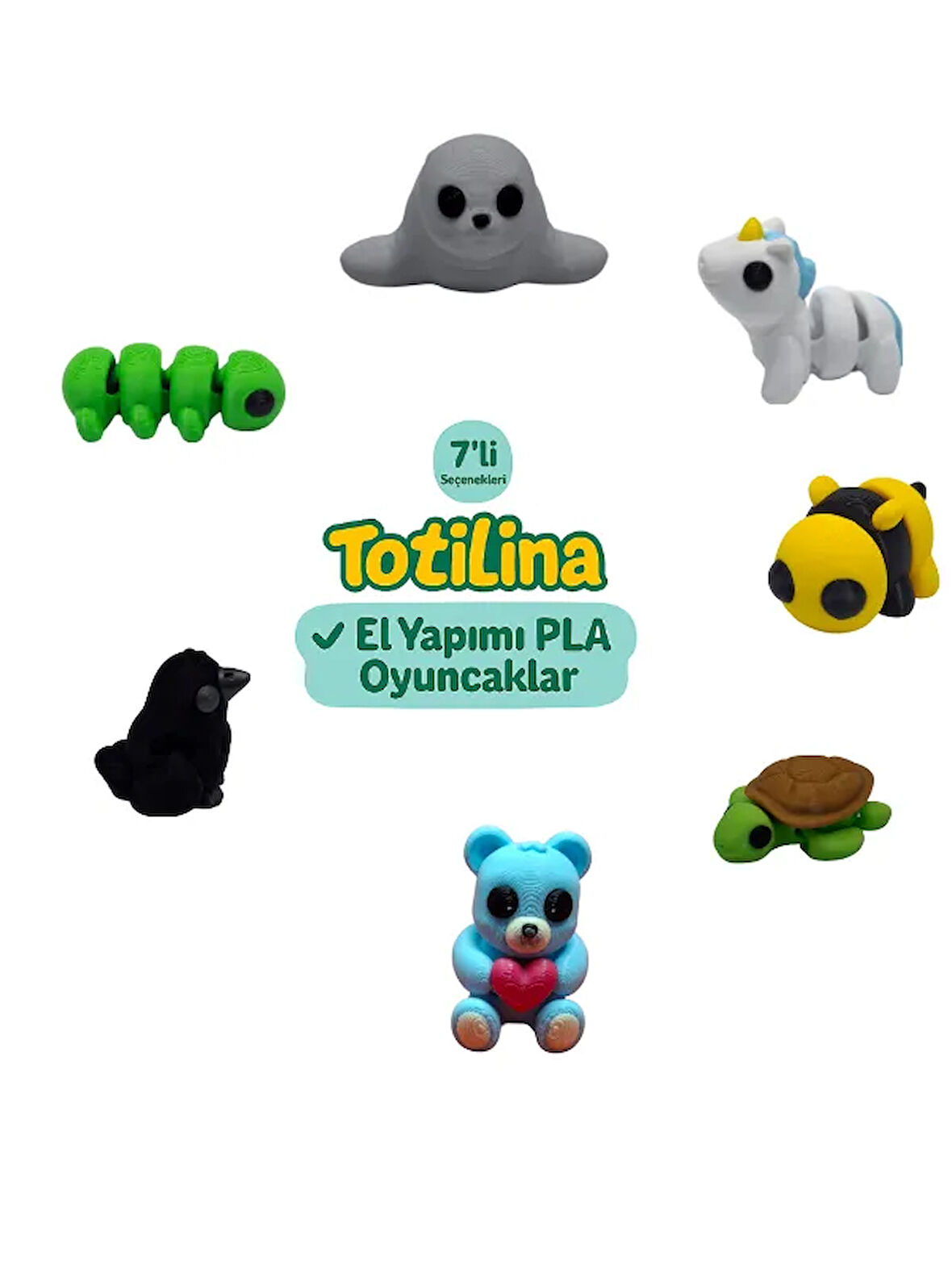 7'li set (fok unicorn arı kaplumbağa ayı karga tırtıl…)