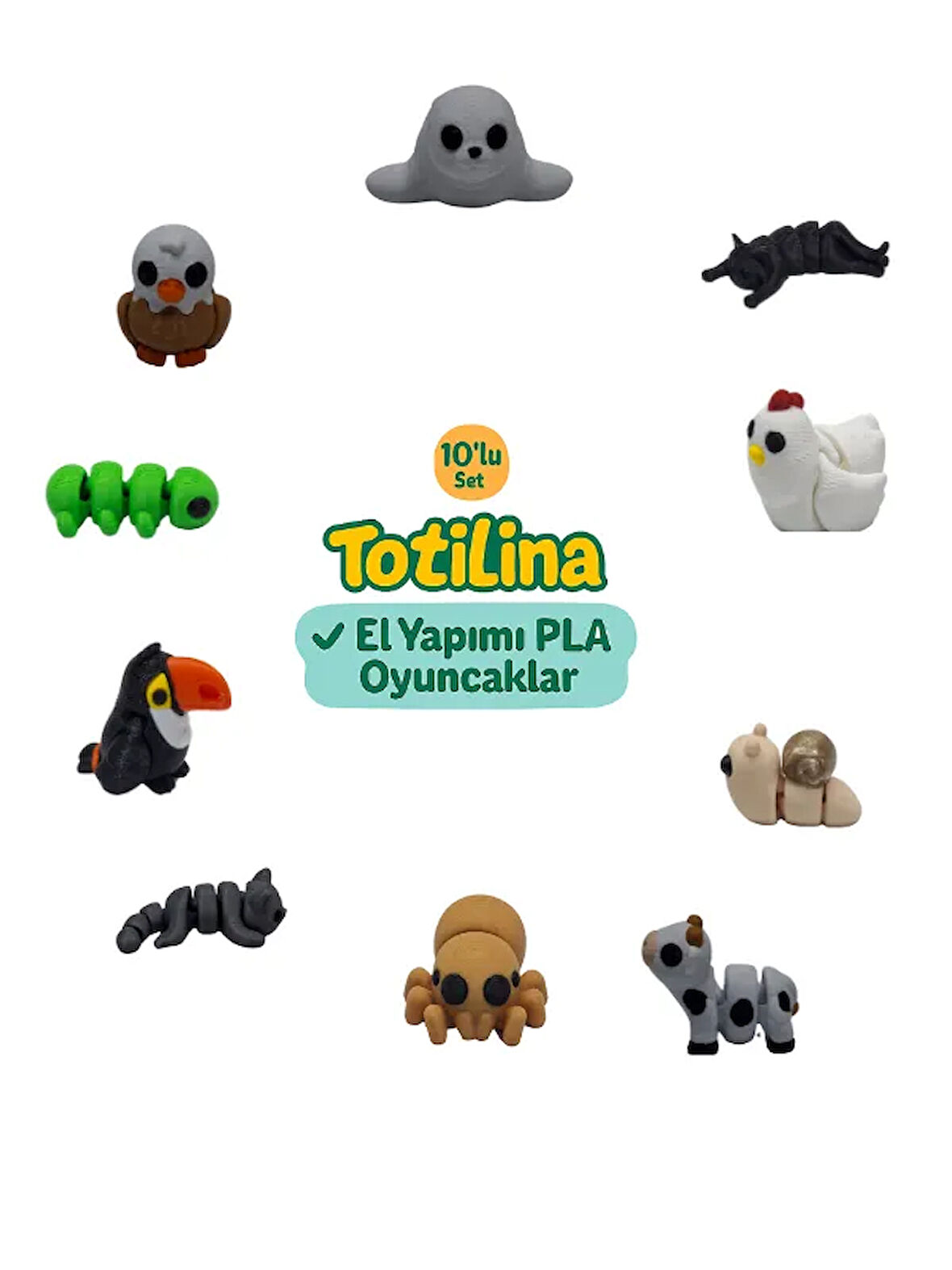 10'lu set (fok kedi tavuk salyangoz inek örümcek kedi tukan kuşu…)