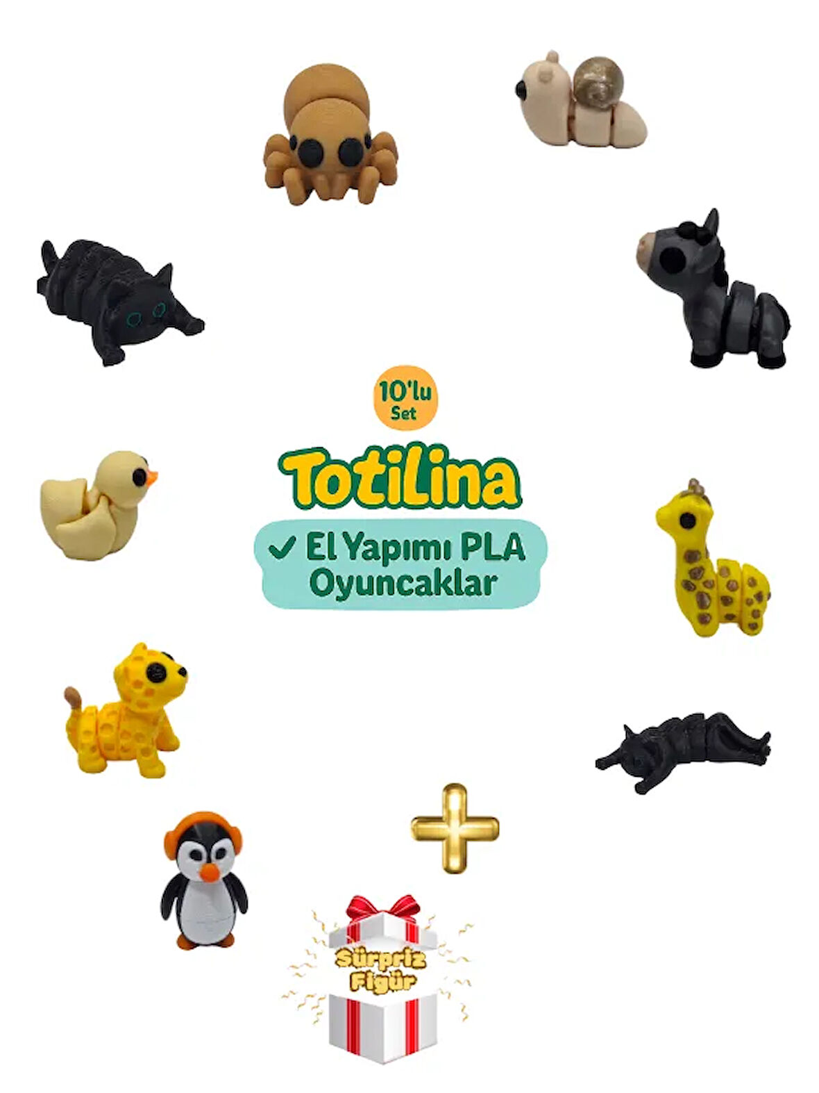 10'lu set (salyangoz eşek zürafa kedi penguen puma ördek kedi…)