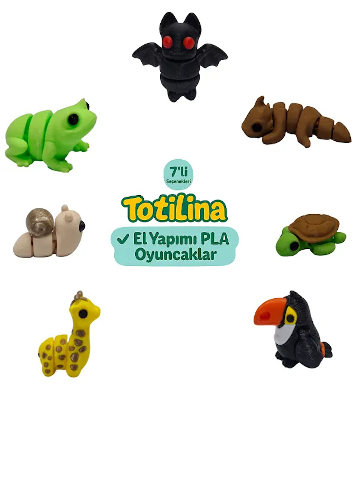 7'li set (yarasa ejderha kaplumbağa tukan kuşu zürafa salyangoz…)