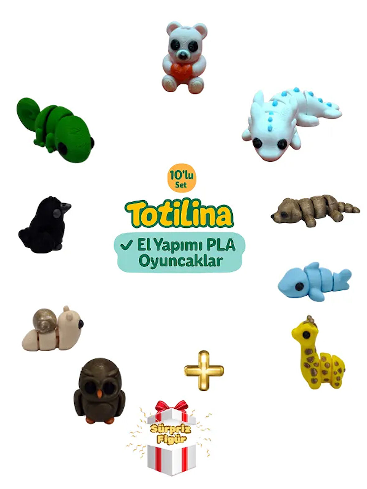 10'lu set (ayı aksolotl köpek köpek balığı zürafa baykuş salyangoz…)