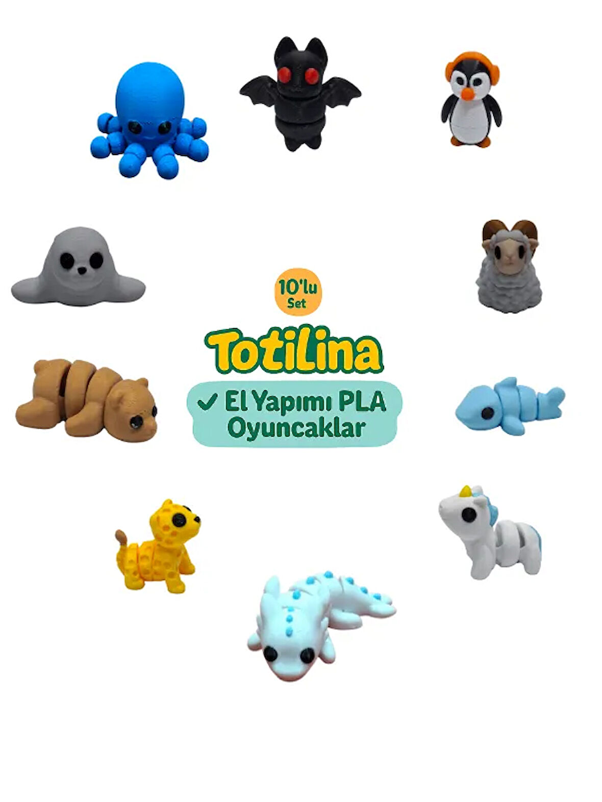10'lu set (yarasa penguen koç köpek balığı aksolotl puma ayı fok…)