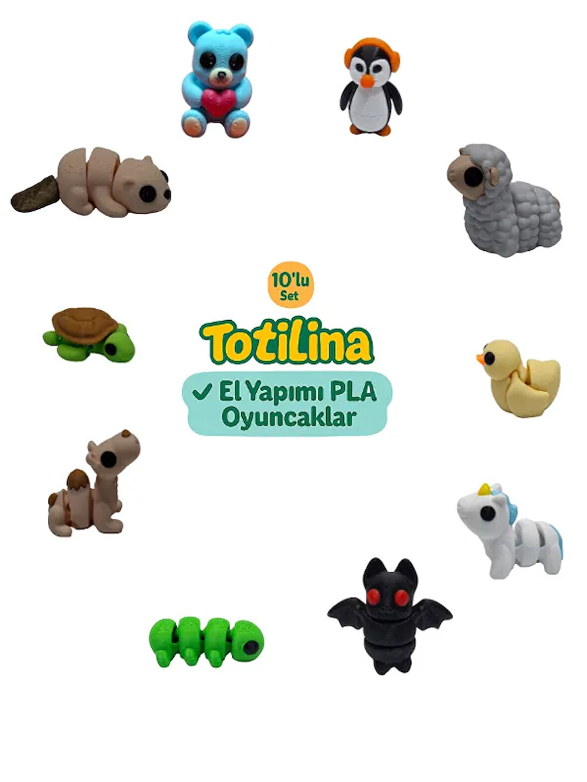 10'lu set (penguen koyun ördek unicorn yarasa tırtıl deve…)