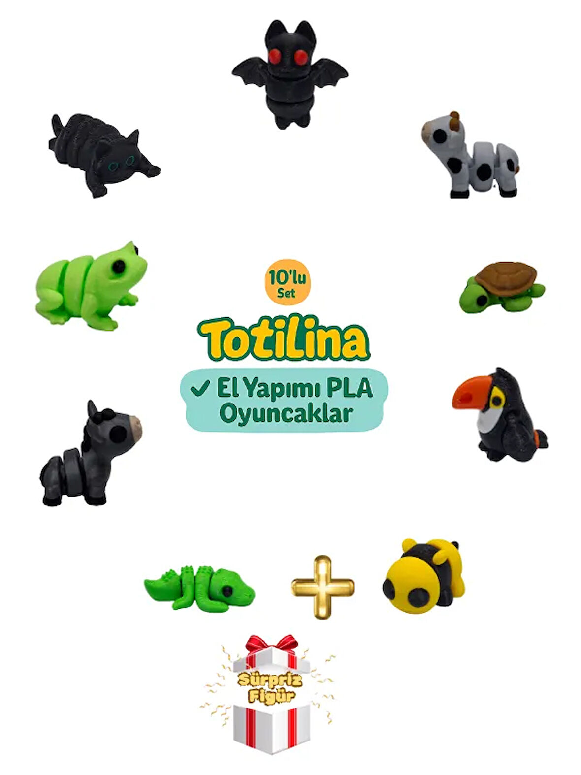 10'lu set (yarasa inek kaplumbağa tukan kuşu arı timsah eşek…)