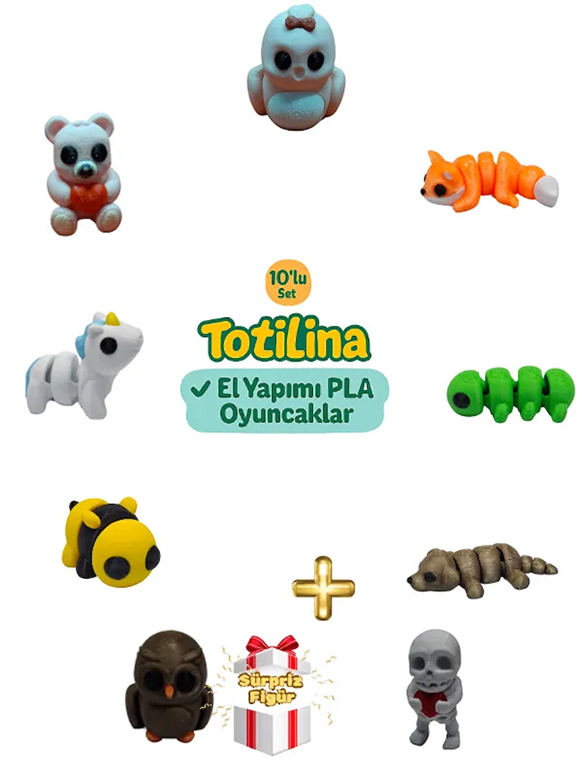 10'lu set (kuş tilki tırtıl köpek iskelet baykuş arı unicorn ayı…)