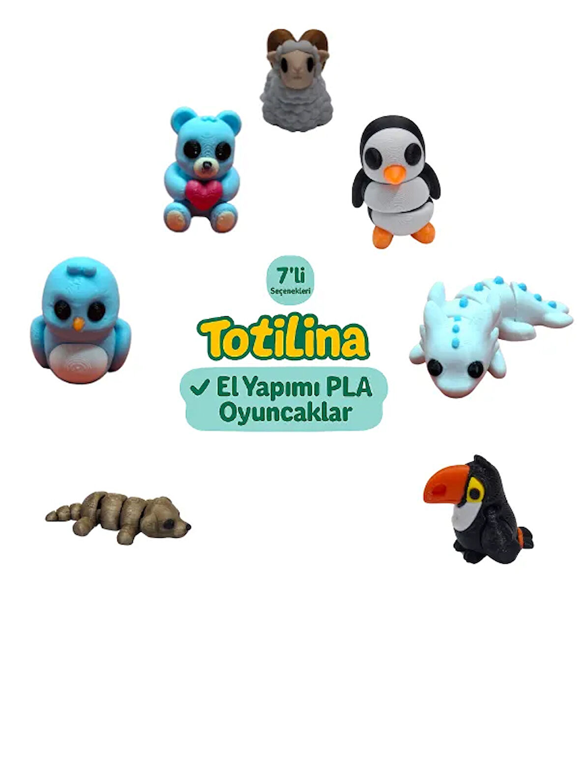 7'li set (koç penguen aksolotl tukan kuşu köpek kuş ayı…)