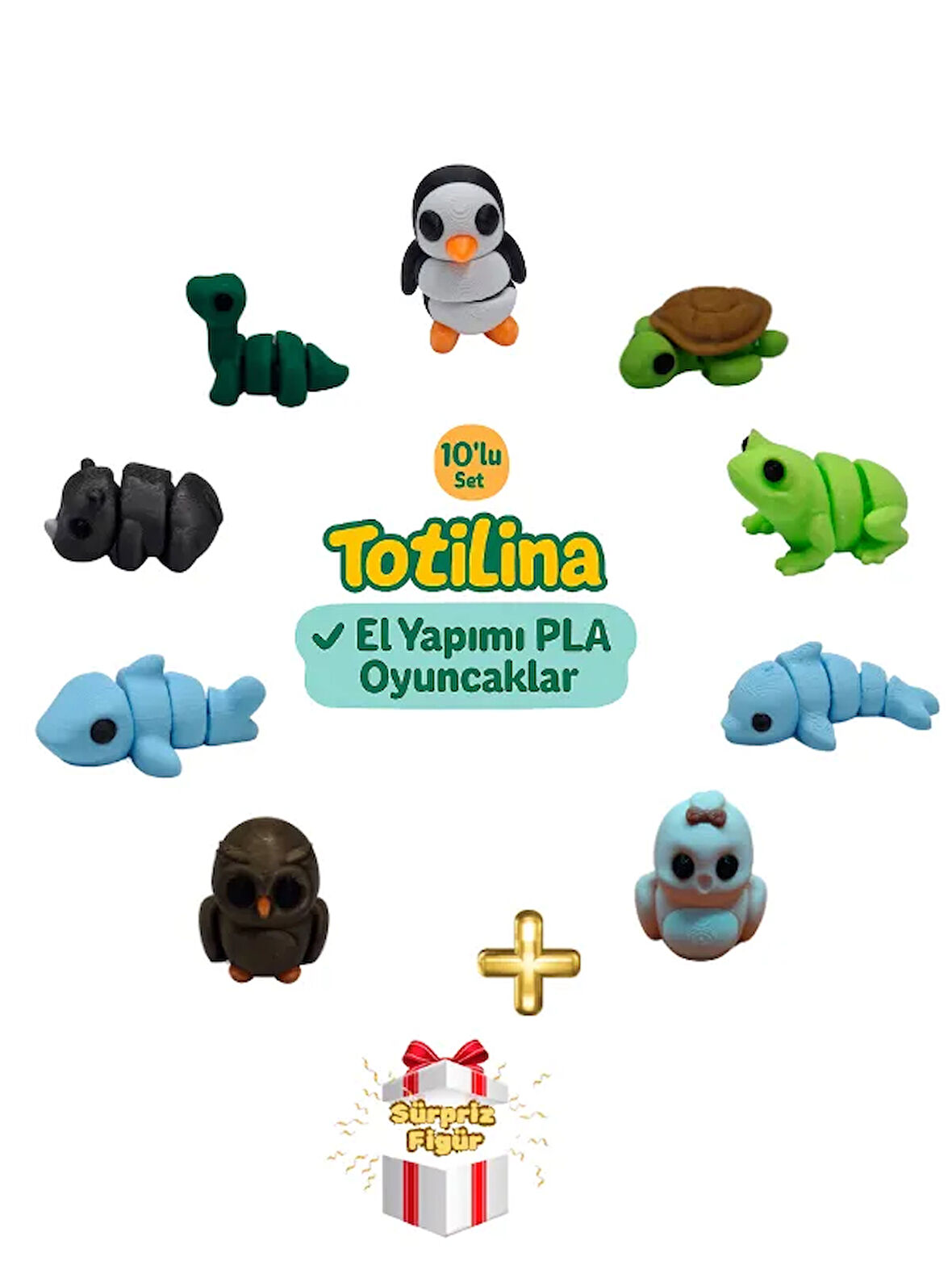 10'lu set (penguen kaplumbağa kurbağa yunus kuş baykuş köpek balığı…)