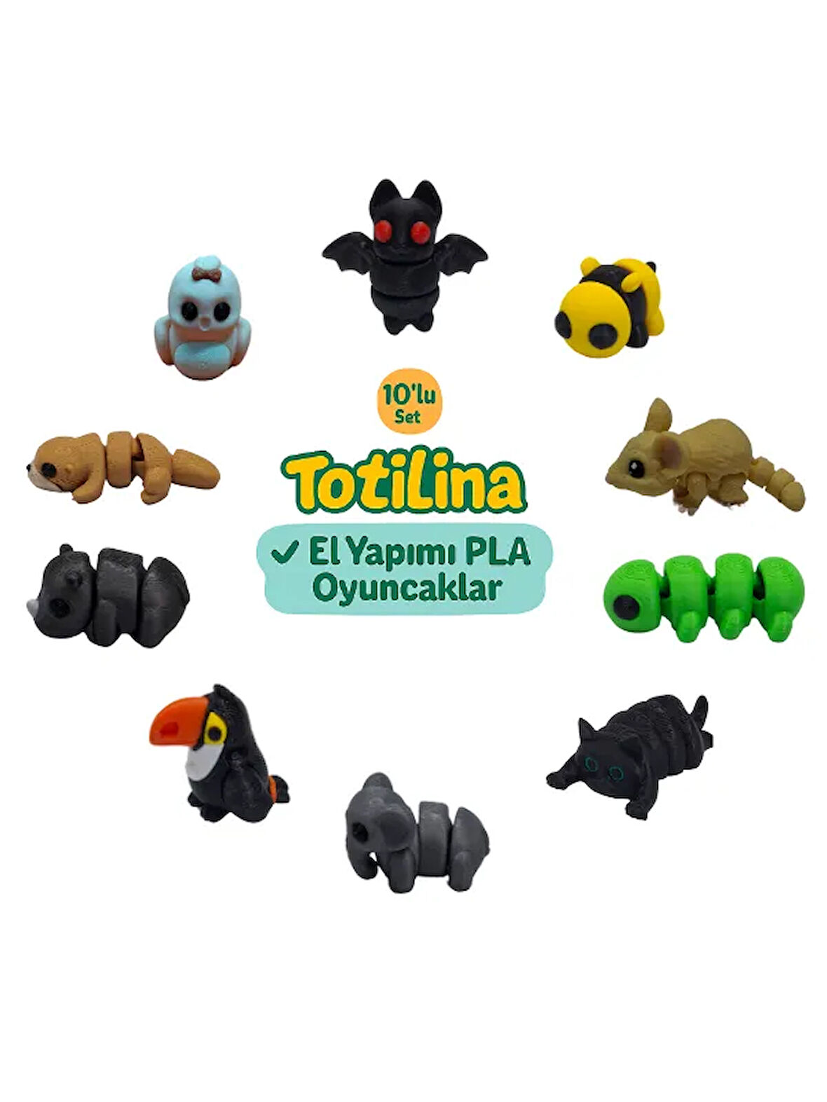 10'lu set (yarasa arı fare tırtıl kedi fil tukan kuşu gergedan…)