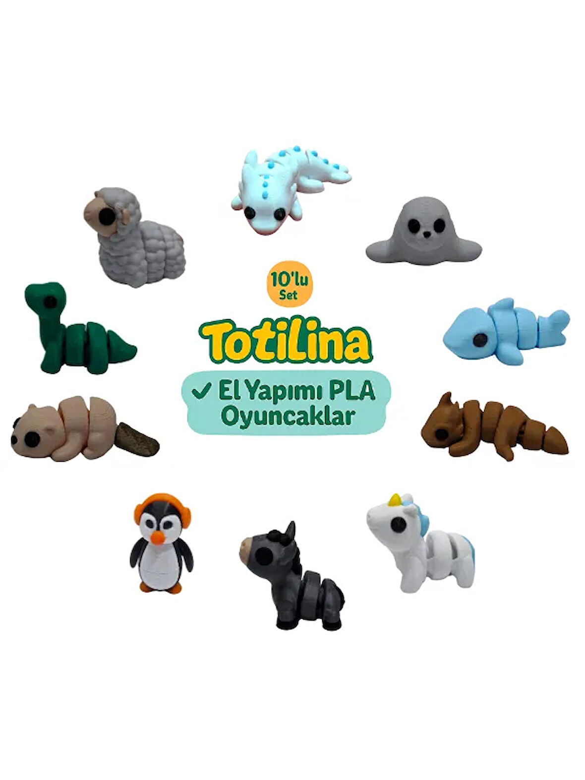 10'lu set (aksolotl fok köpek balığı ejderha unicorn eşek penguen…)