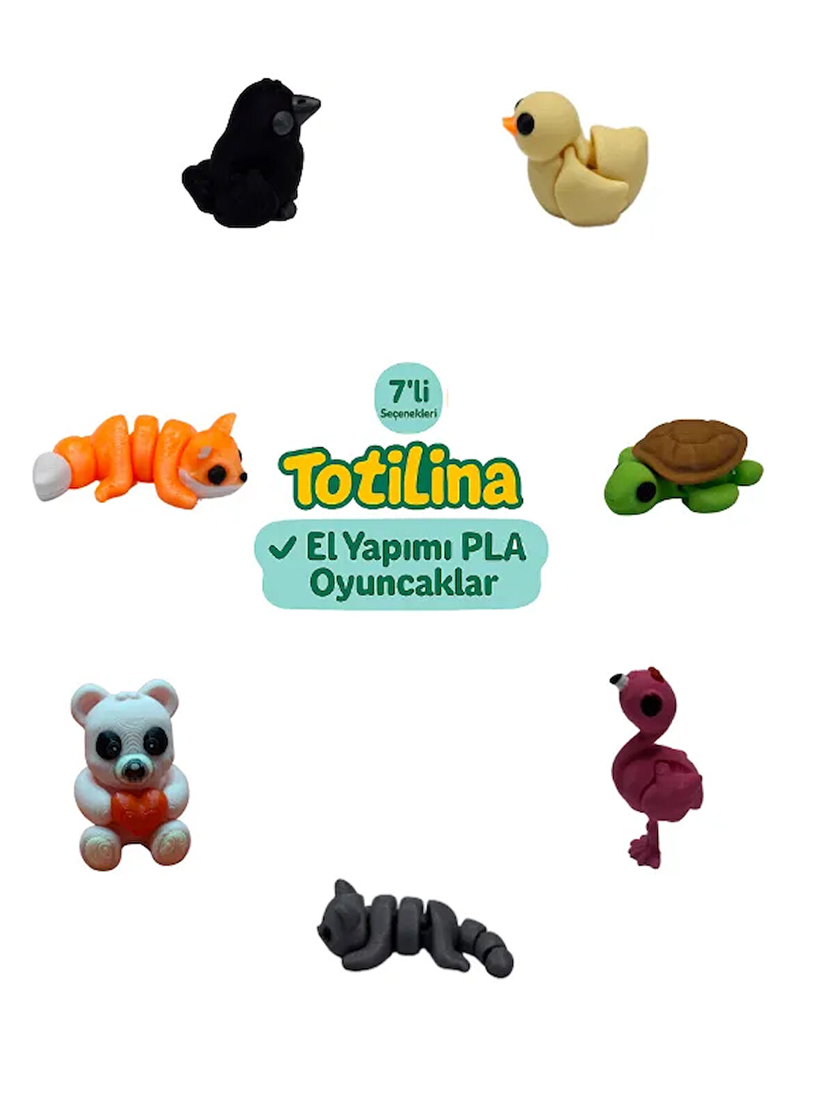 7'li set (ördek kaplumbağa flamingo kedi ayı tilki karga…)