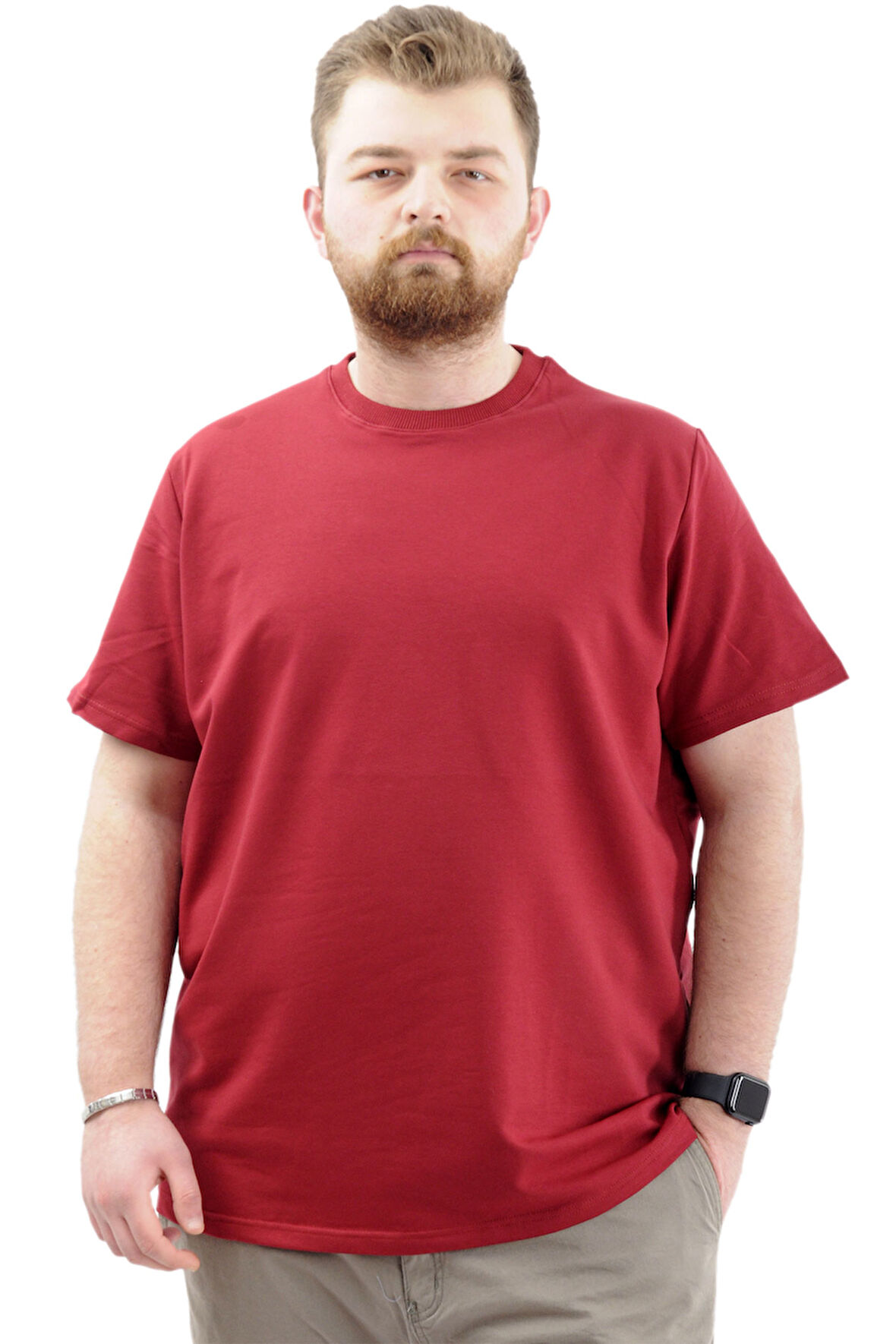 Mode XL Büyük Beden Erkek T-Shirt Basic Likralı Bisiklet Yaka Tişört U24073 Bordo