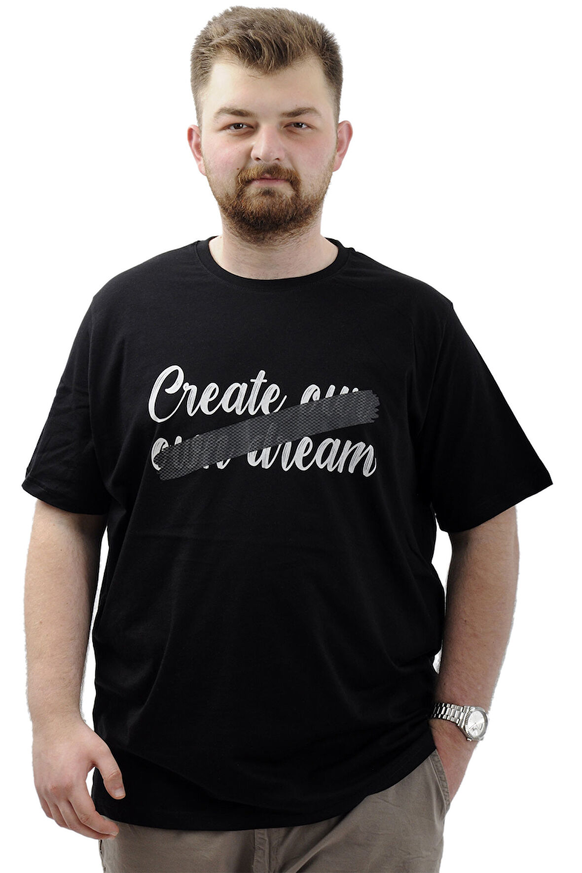 Mode XL Büyük Beden Erkek Tişört Baskılı Pamuklu Bisiklet Yaka CREATE U24079 Siyah