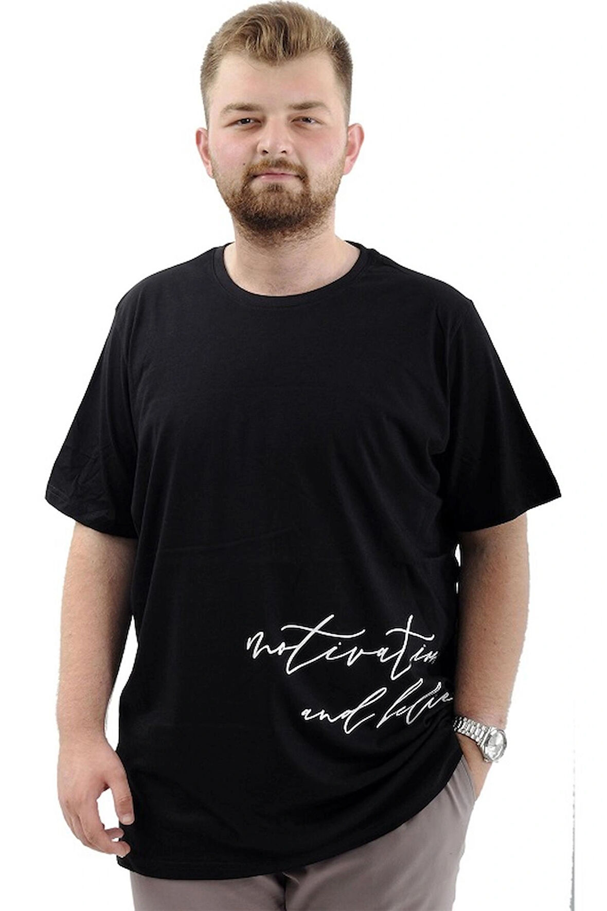 Mode XL Battal Beden Erkek Pamuklu T-Shirt Yumuşak Dokulu Baskılı BELIEF U24085 Siyah