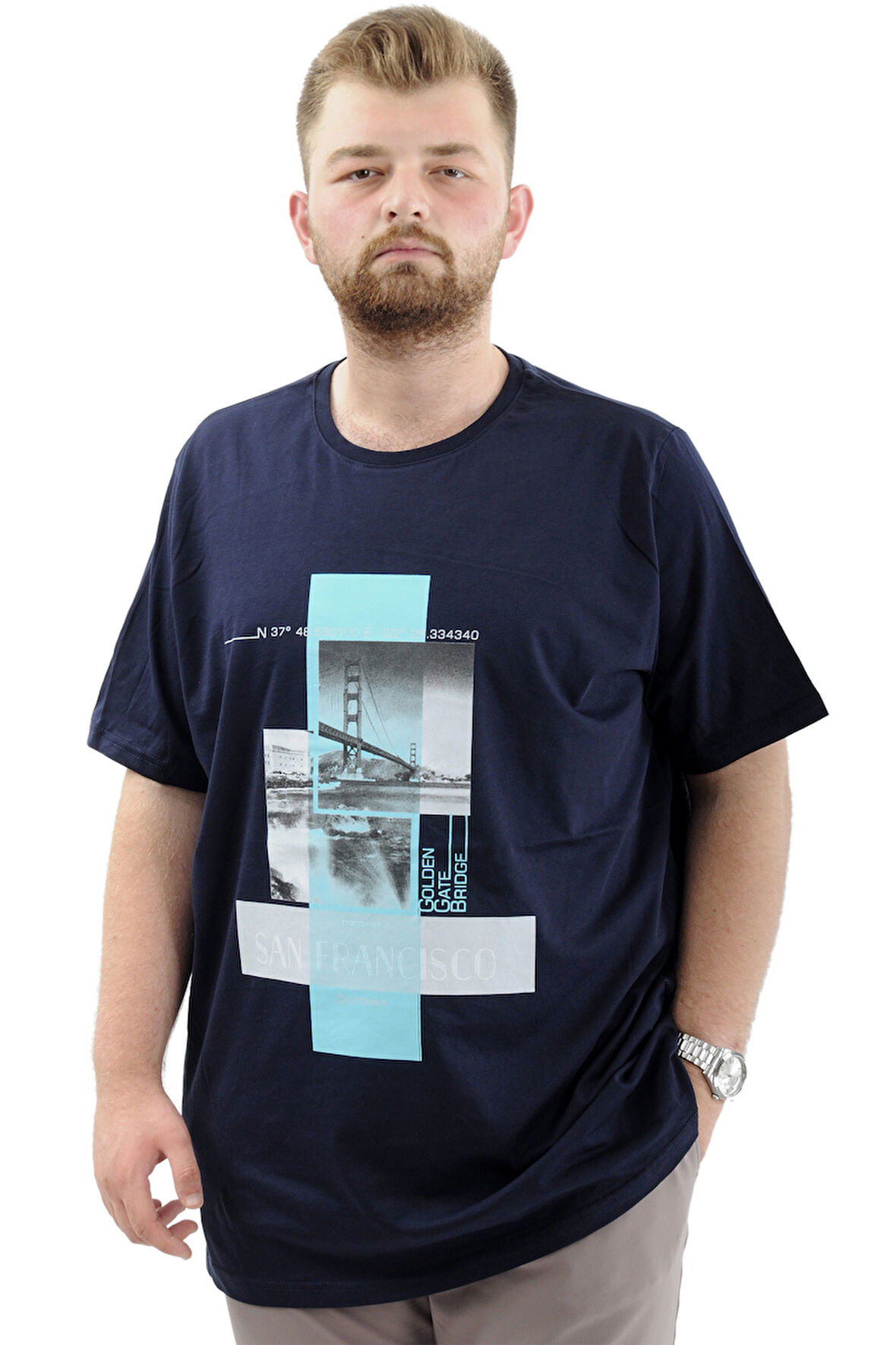 Mode XL Battal Beden Erkek Pamuklu T-Shirt Yumuşak Dokulu Baskılı FRANCISCO U24086 Lacivert