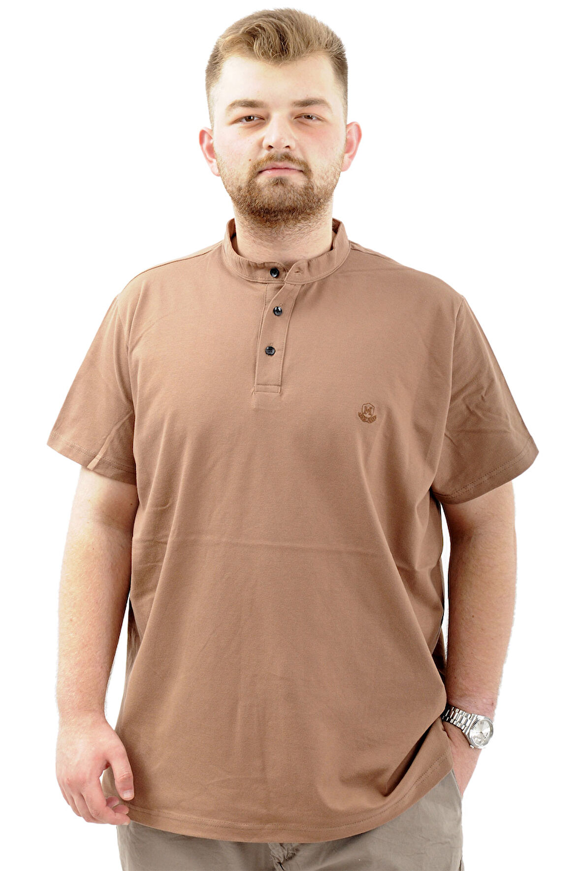Mode XL Büyük Beden Erkek Tişört Düğmeli Hakim Yaka T-Shirt U24339 Sütlü Kahve