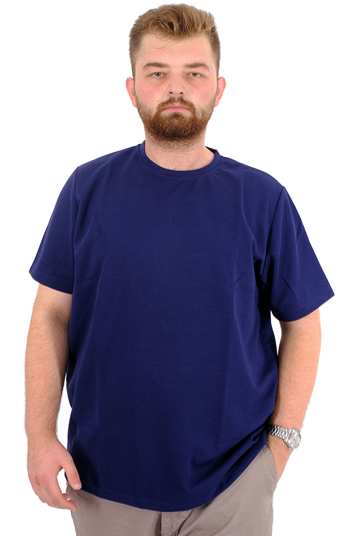 Mode XL Büyük Beden Erkek T-Shirt Bisiklet Yaka INTERLOK 23162 İndigo