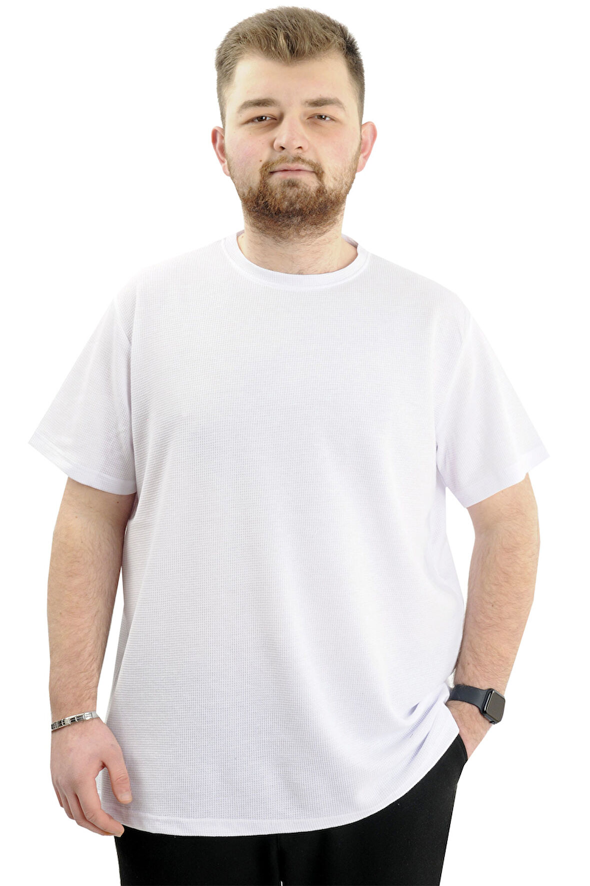 Mode XL Büyük Beden Erkek T-shirt Bisiklet Yaka WAFFLE 20033 Beyaz