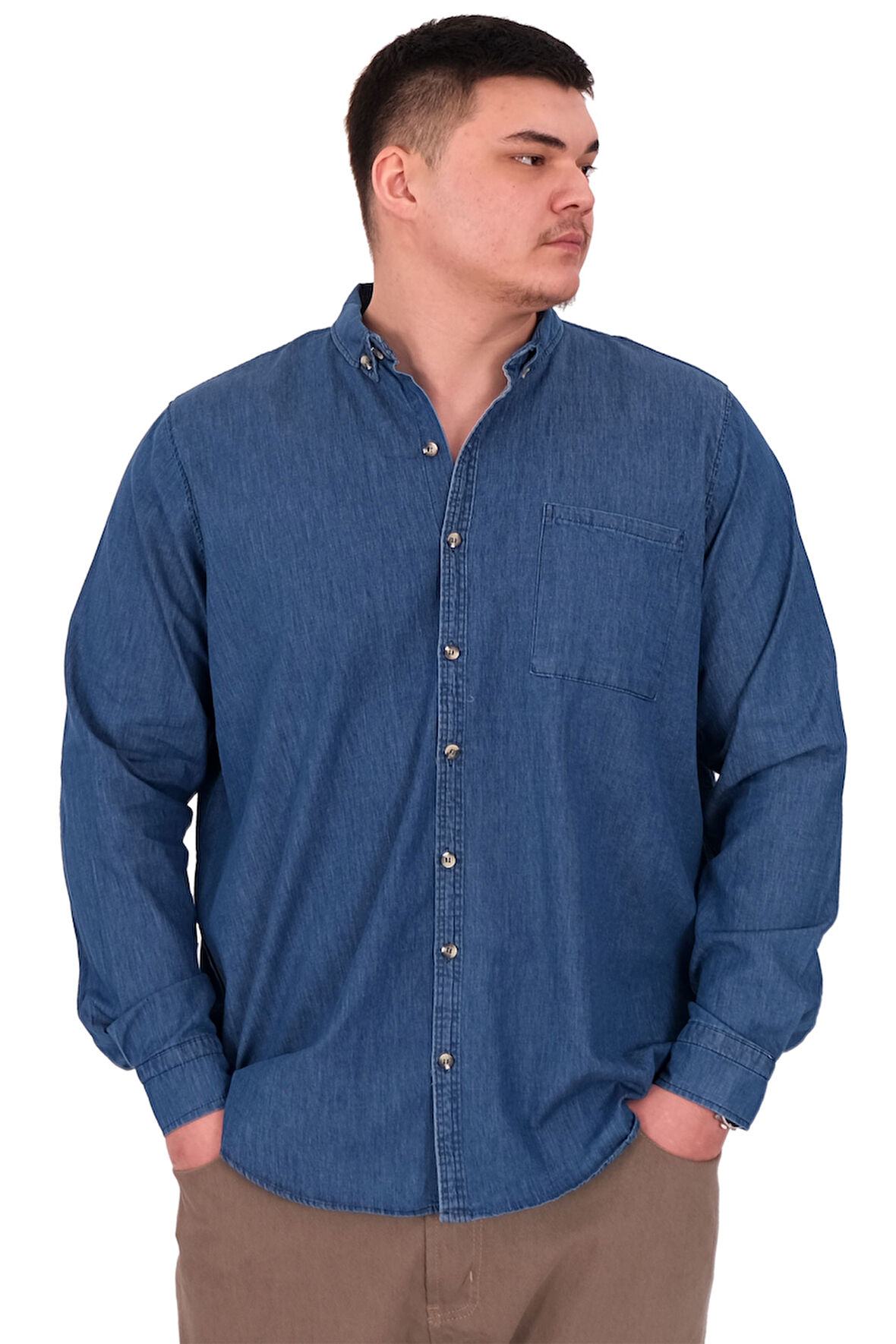 Mode XL Büyük Beden Erkek Uzun Kol Kot Gömlek U24391 Mavi