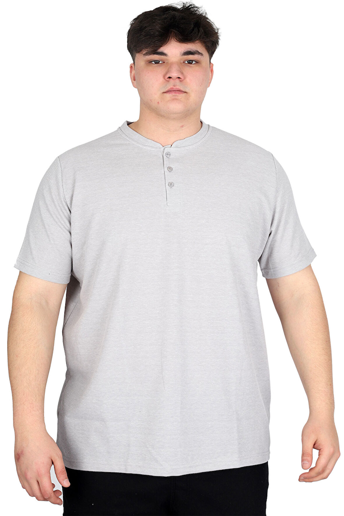 Mode XL Büyük Beden Erkek Hakim Yaka Tişört Waffle U20036 Gri