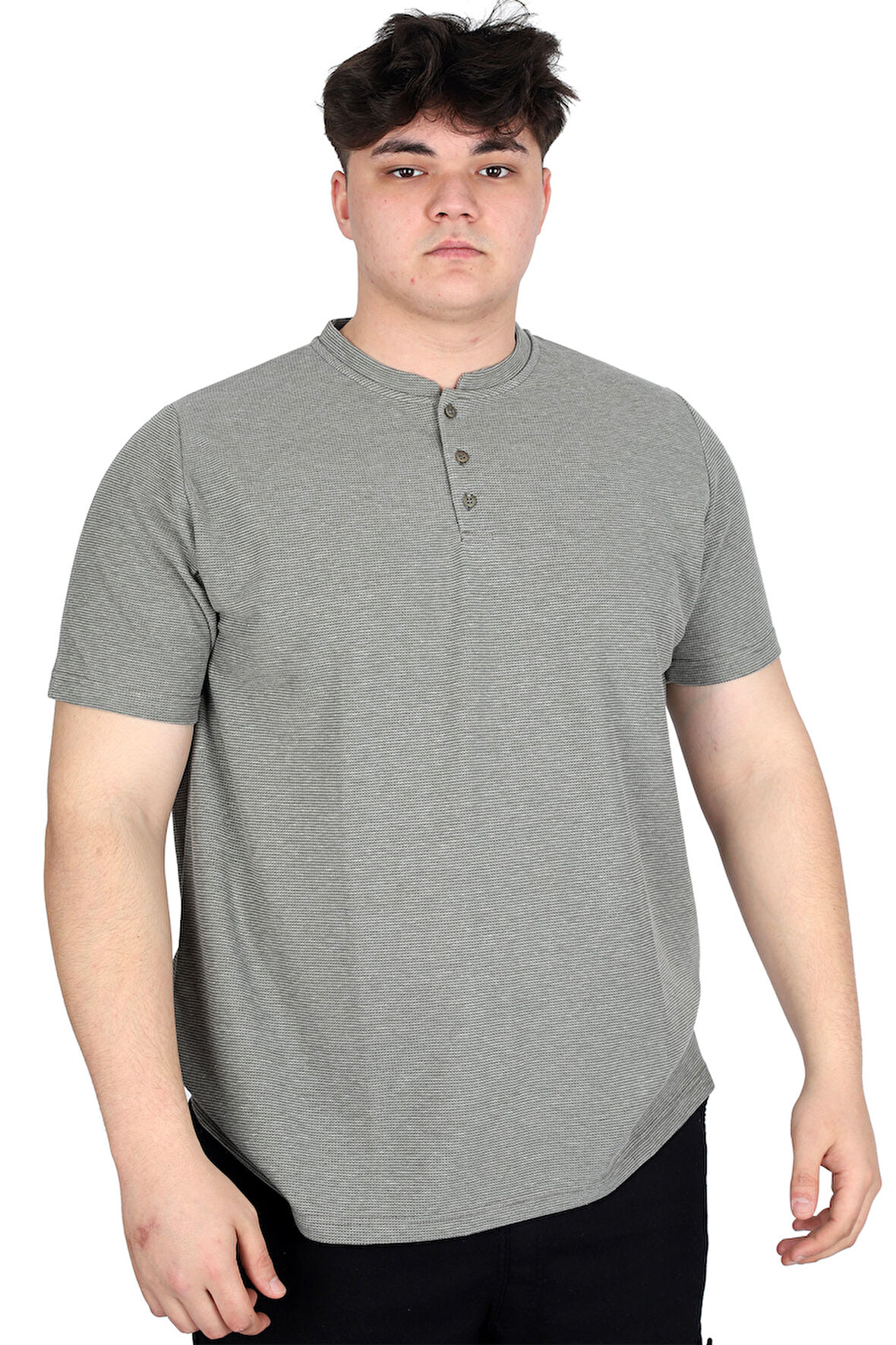 Mode XL Büyük Beden Erkek Hakim Yaka Tişört Waffle U20036 Haki