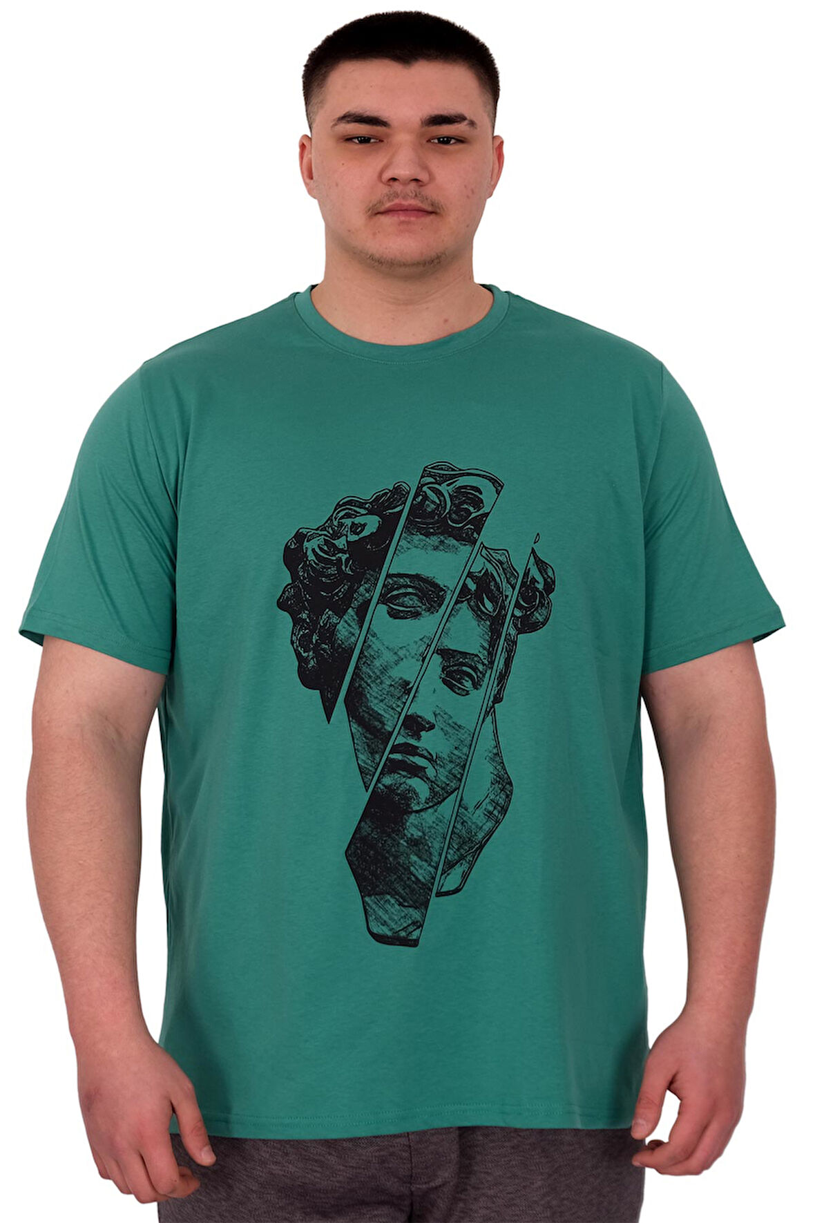 Mode XL Büyük Beden Erkek T-Shirt Bisiklet Yaka Statue U25004 Çağla