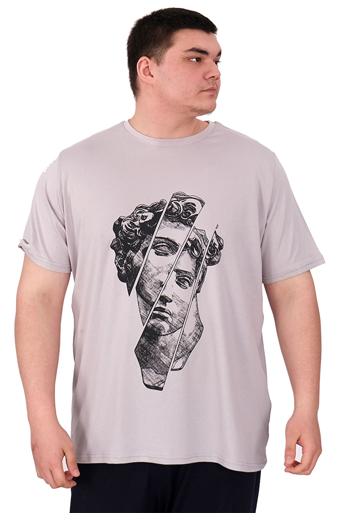 Mode XL Büyük Beden Erkek T-Shirt Bisiklet Yaka STATUE U25004 Gri