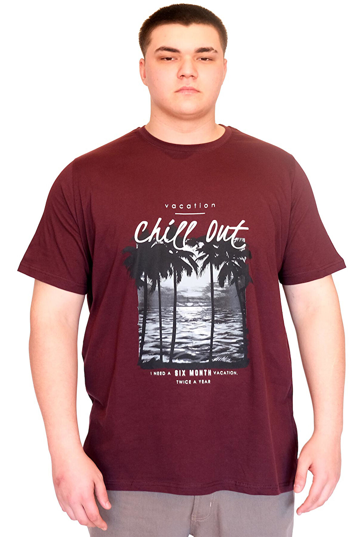 Mode XL Büyük Beden Erkek T-Shirt Bisiklet Yaka CHILL OUT Baskılı U25008 Mürüdm