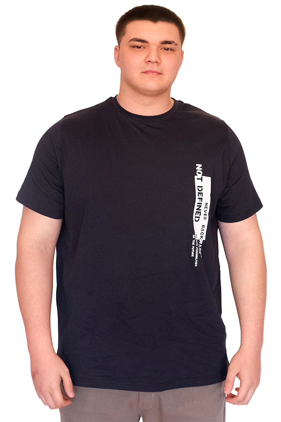 Mode XL Büyük Beden Erkek T-Shirt Bisiklet Yaka NOT DEFINETS Baskılı U25009 Lacivert