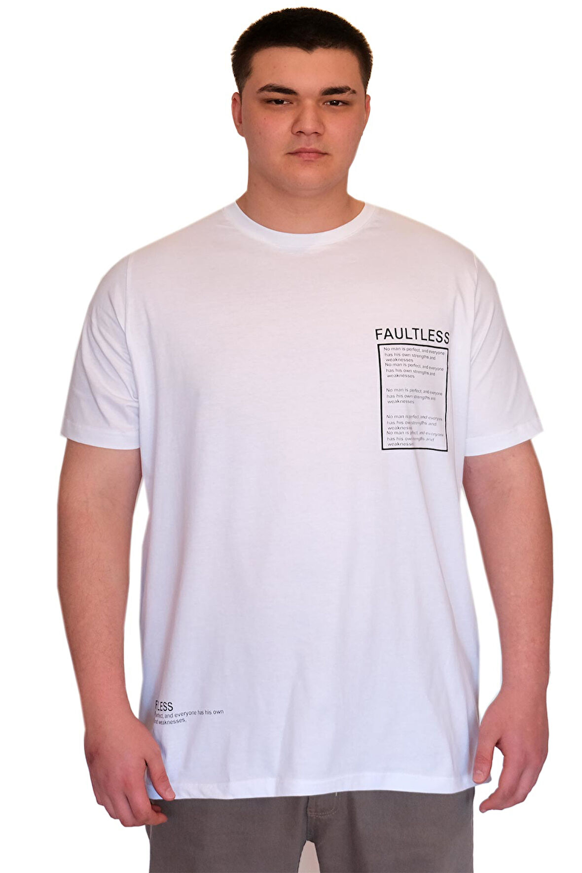 Mode XL Büyük Beden Erkek T-Shirt Bisiklet Yaka FAULTLESS U25011 Beyaz