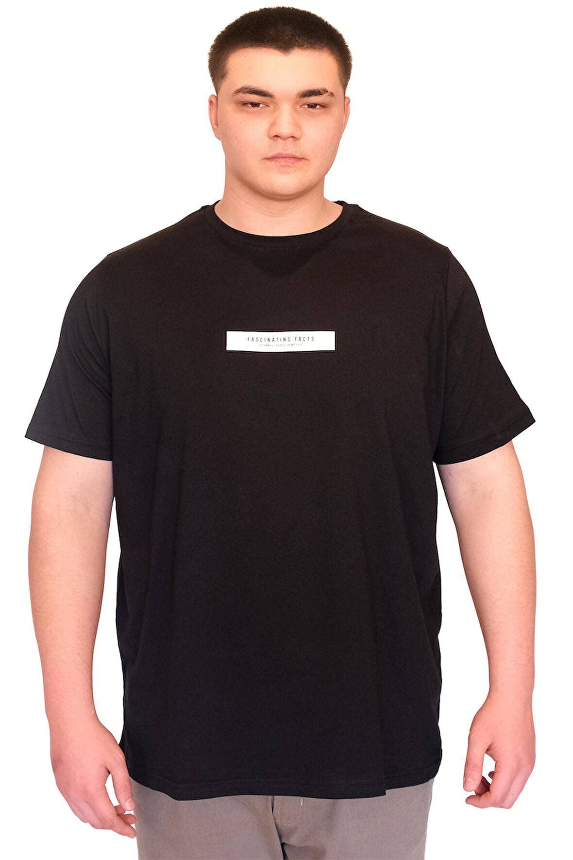 Mode XL Büyük Beden Erkek T-Shirt Bisiklet Yaka FACTS Baskılı U25012 Siyah