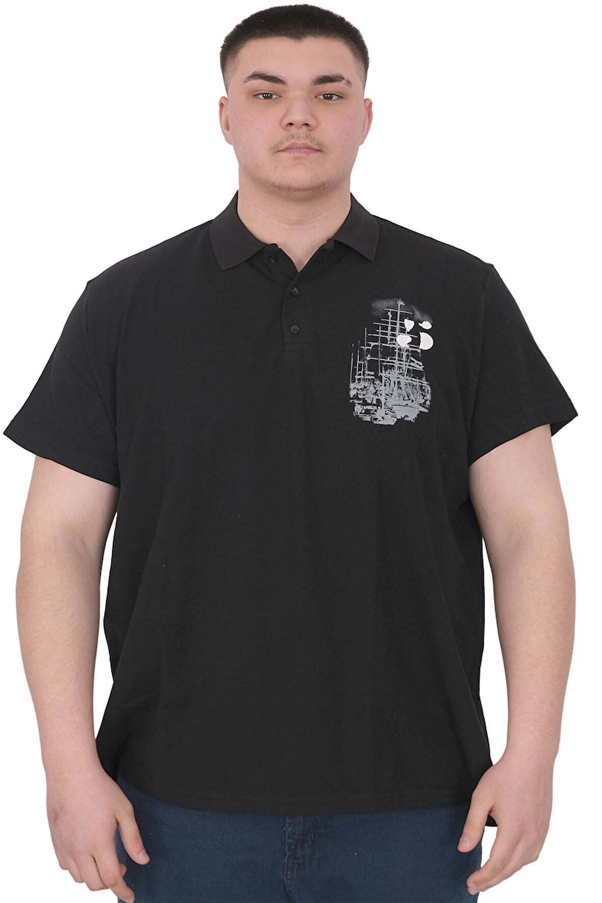 Mode XL Büyük Beden Erkek T-Shirt Polo Sail Boat U25302 Siyah