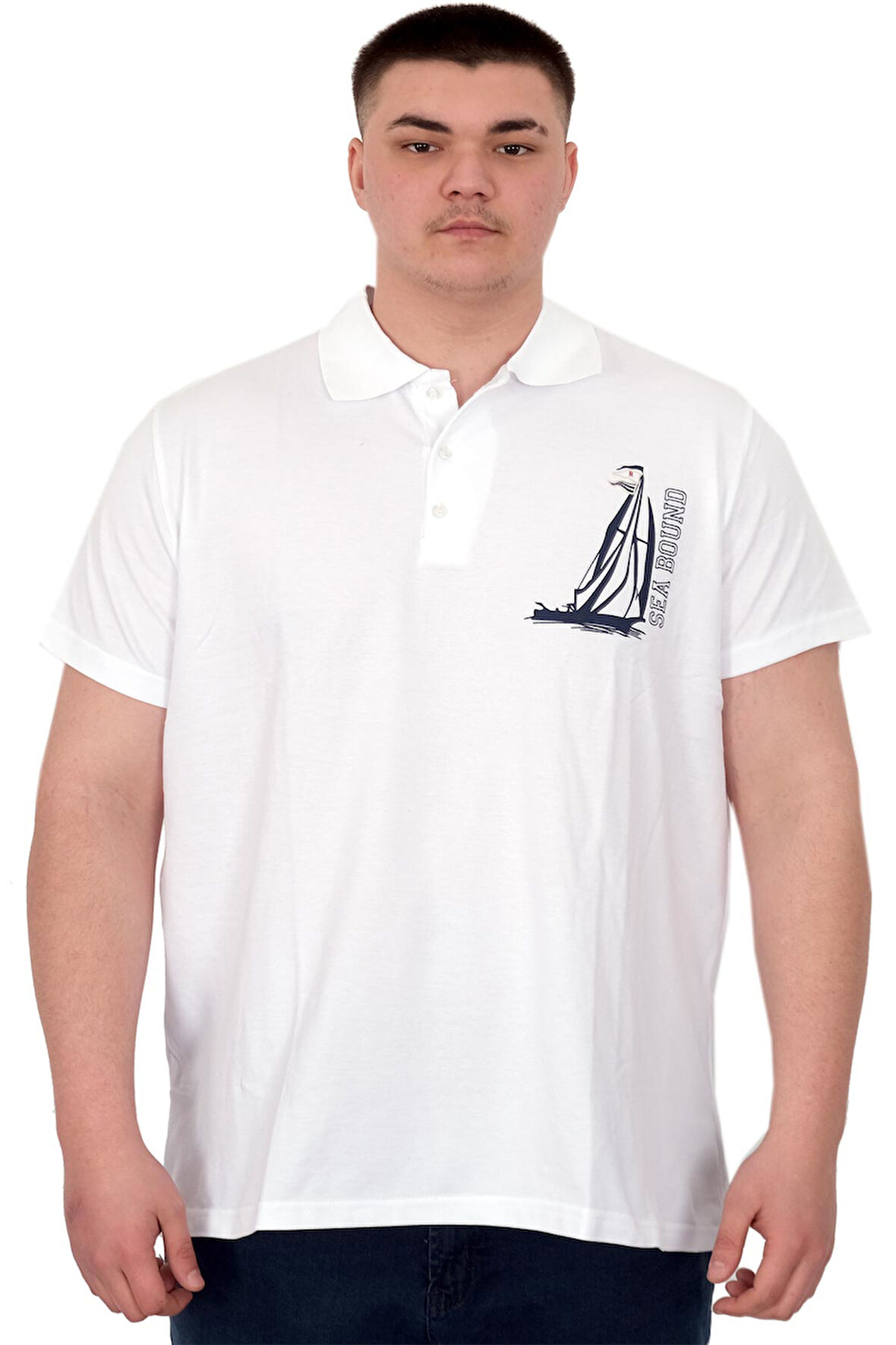 Mode XL Büyük Beden Erkek T-Shirt Polo Sea Bound U25303 Beyaz