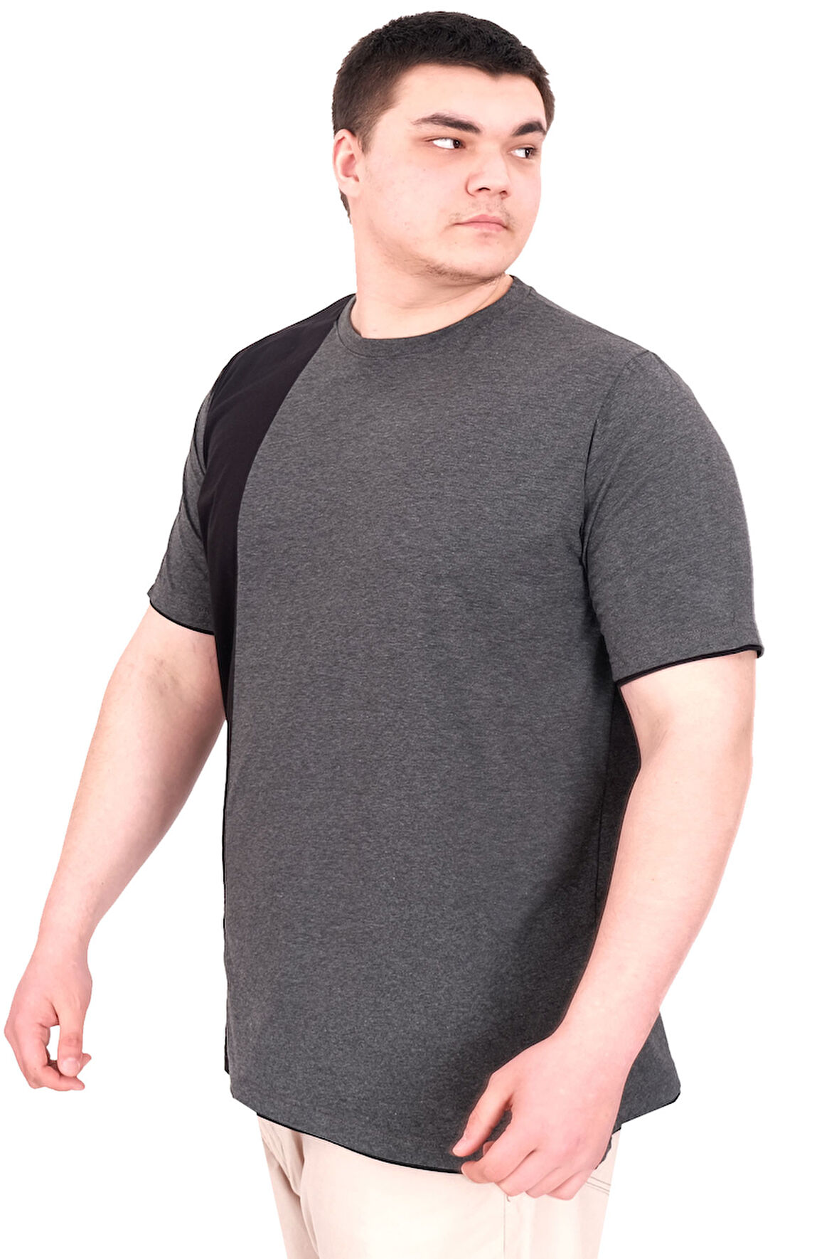 Mode XL Büyük Beden Erkek T-Shirt Parçalı MD08 U22134 Antrasit