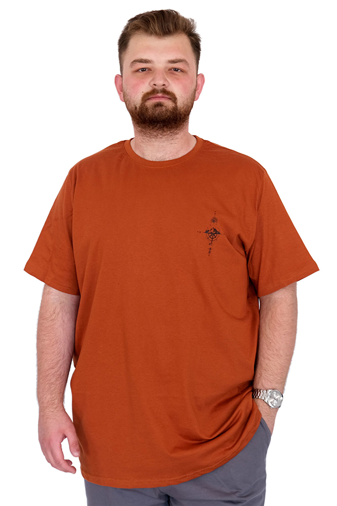 Mode XL Büyük Beden Erkek T-Shirt Bisiklet Yaka Chneyrmd U25020 Tarçın