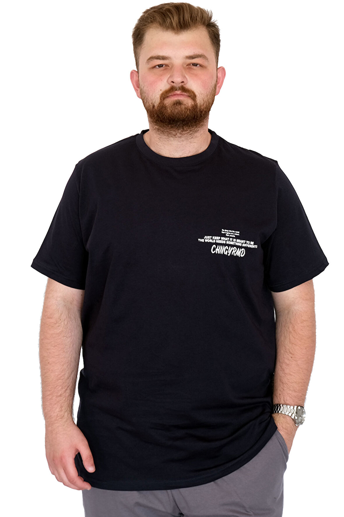 Mode XL Büyük Beden Erkek T-Shirt Bisiklet Yaka Compaes U25021 Lacivert