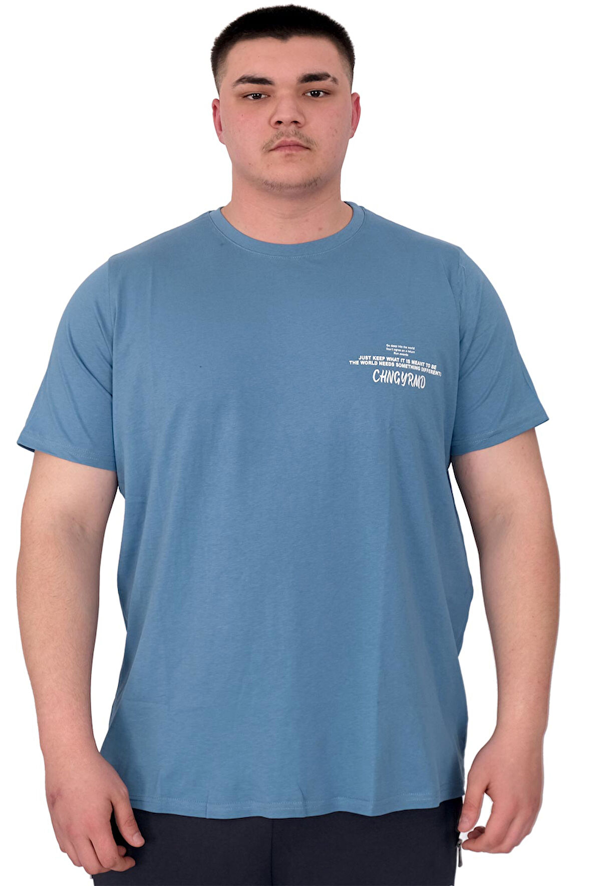 Mode XL Büyük Beden Erkek T-Shirt Bisiklet Yaka Compaes U25021 Mavi