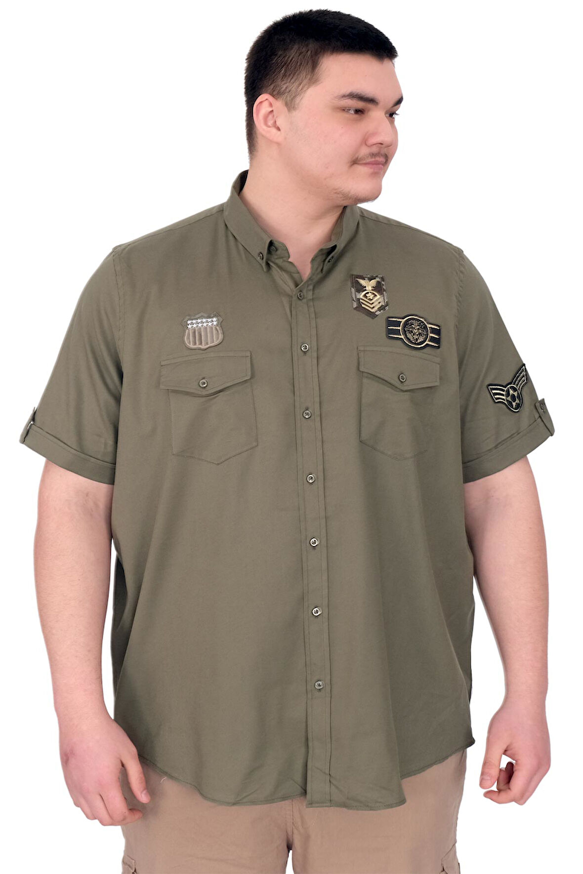 Mode XL Büyük Beden Erkek Gömlek Çift Cep Kapaklı Gabardin U25601 Haki