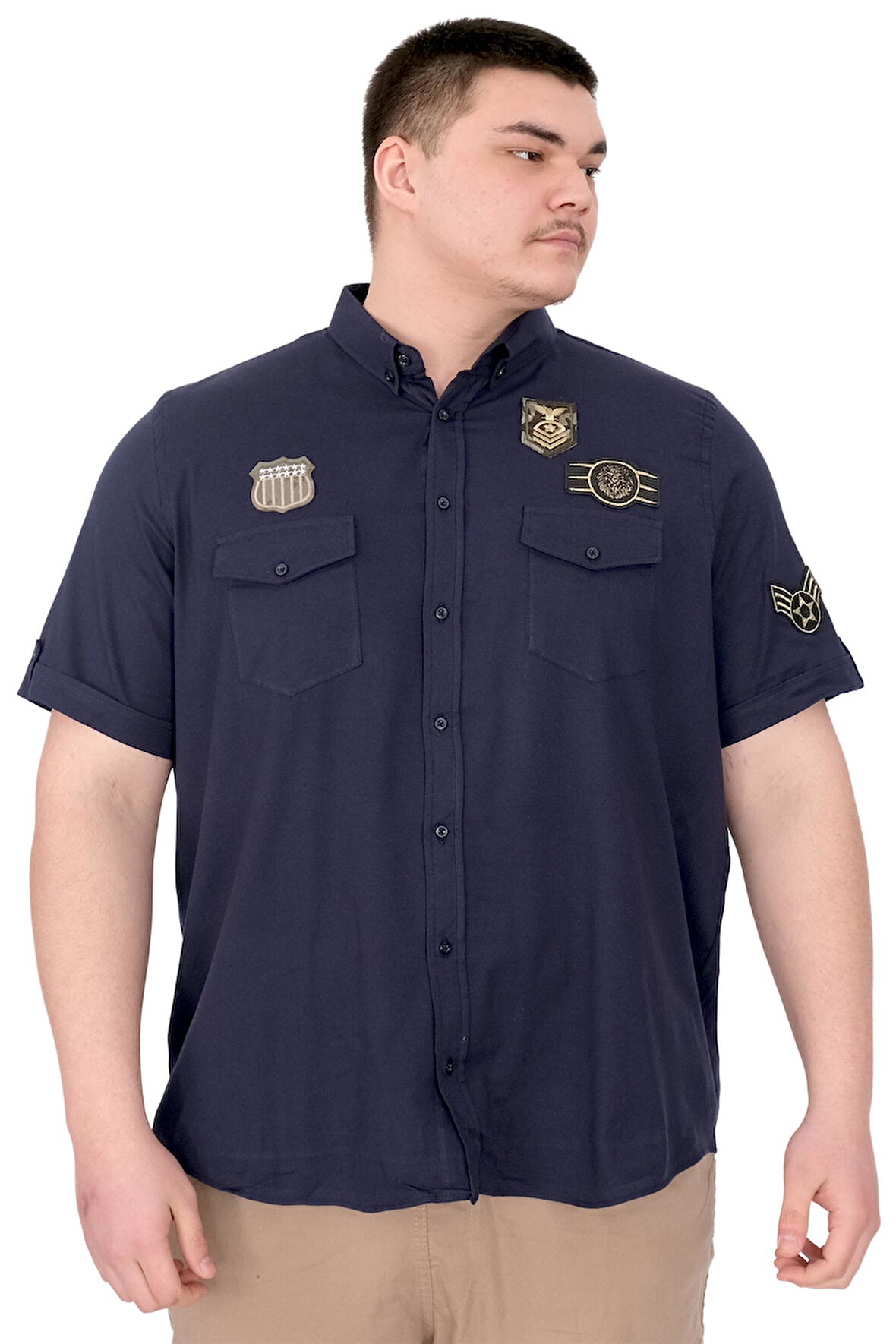 Mode XL Büyük Beden Erkek Gömlek Çift Cep Kapaklı Gabardin U25601 Lacivert