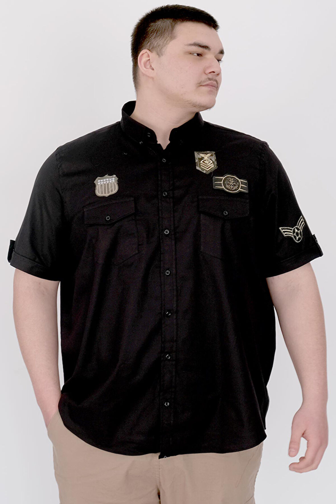 Mode XL Büyük Beden Erkek Gömlek Çift Cep Kapaklı Gabardin U25601 Siyah