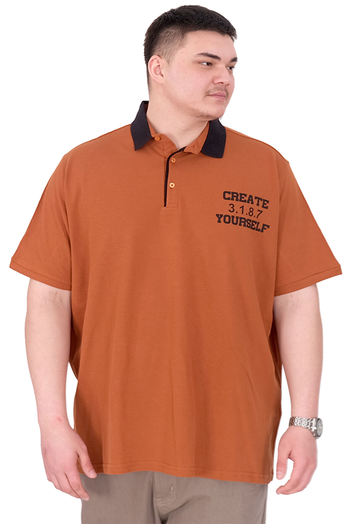 Mode XL Büyük Beden Erkek T-Shirt Polo Yaka YOURSELF U25310 Tarçın