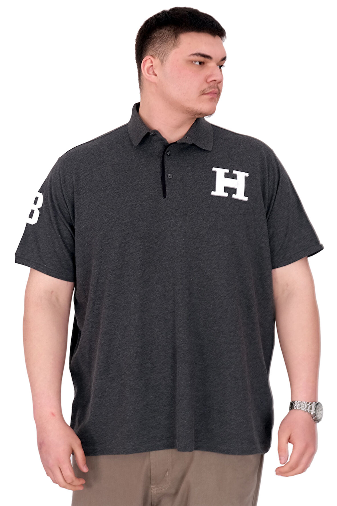 Mode XL Büyük Beden Erkek T-Shirt Polo Yaka H BROUDED U25312 Antrasit