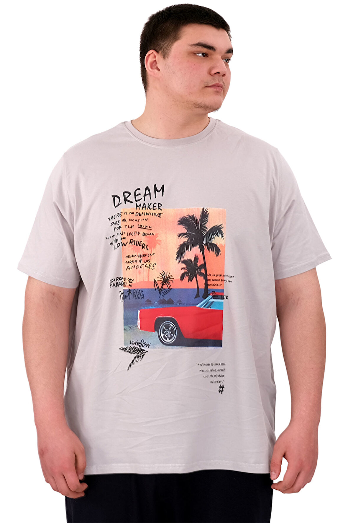 Mode XL Büyük Beden Erkek Baskılı T-Shirt Palm Dream U25026 Gri