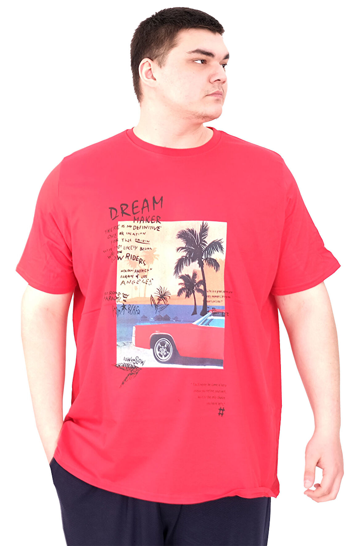Mode XL Büyük Beden Erkek Baskılı T-Shirt Palm Dream U25026 Kırmızı