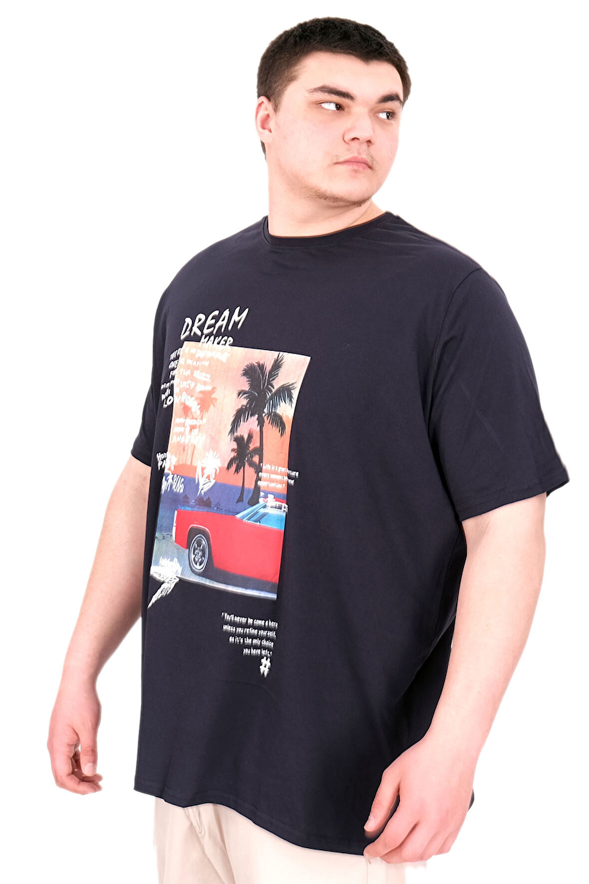 Mode XL Büyük Beden Erkek Baskılı T-Shirt Palm Dream U25026 Lacivert