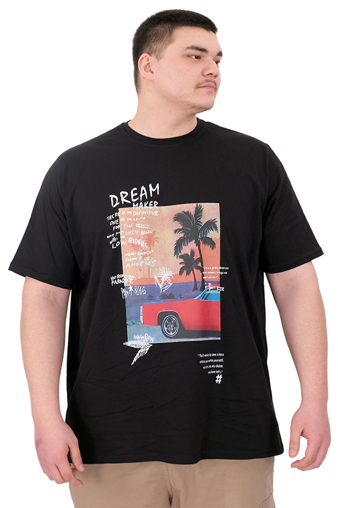 Mode XL Büyük Beden Erkek Baskılı T-Shirt Palm Dream U25026 Siyah