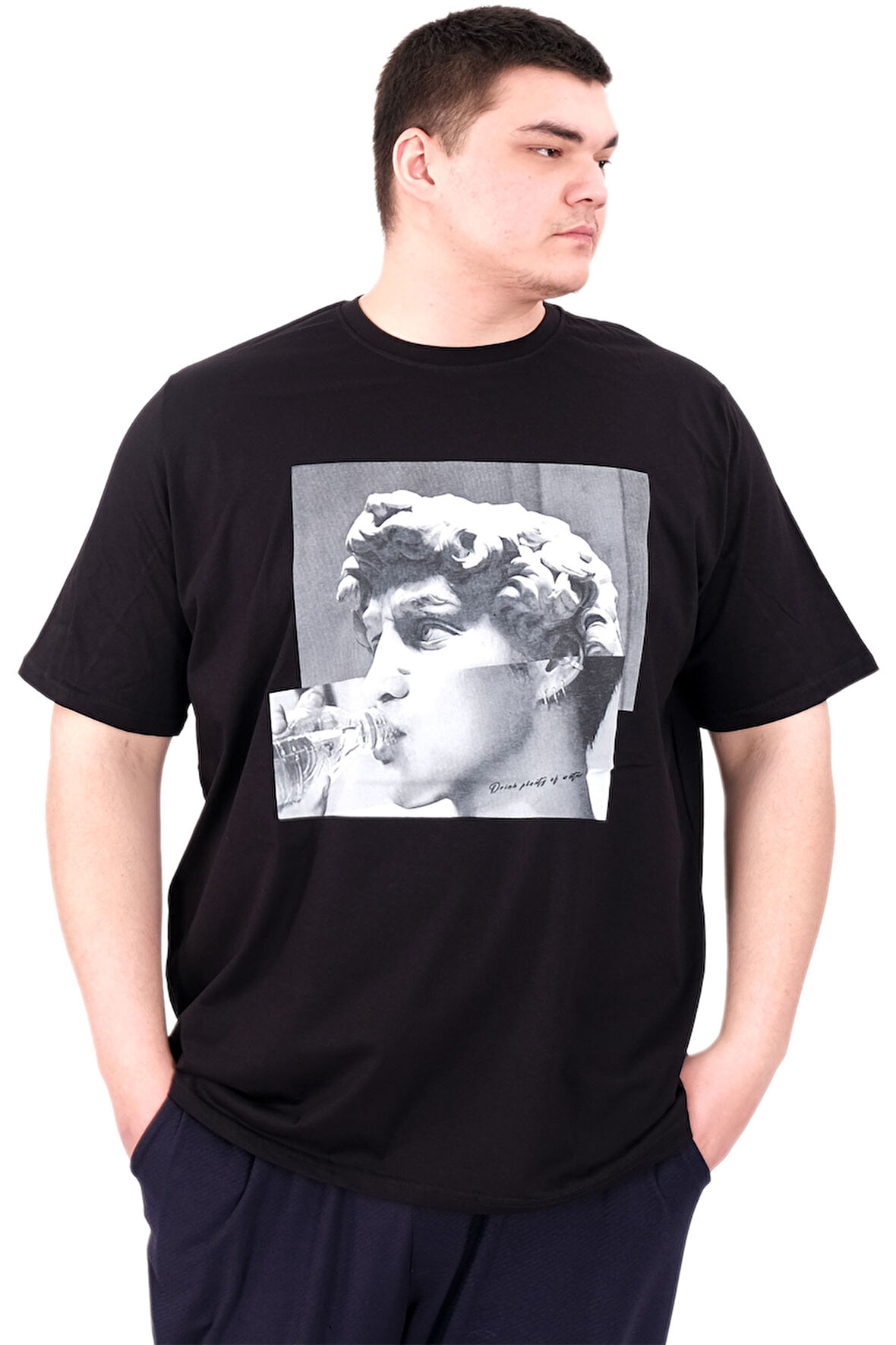 Mode XL Büyük Beden Erkek T-Shirt Bisiklet Yaka STATUE U25027 Siyah