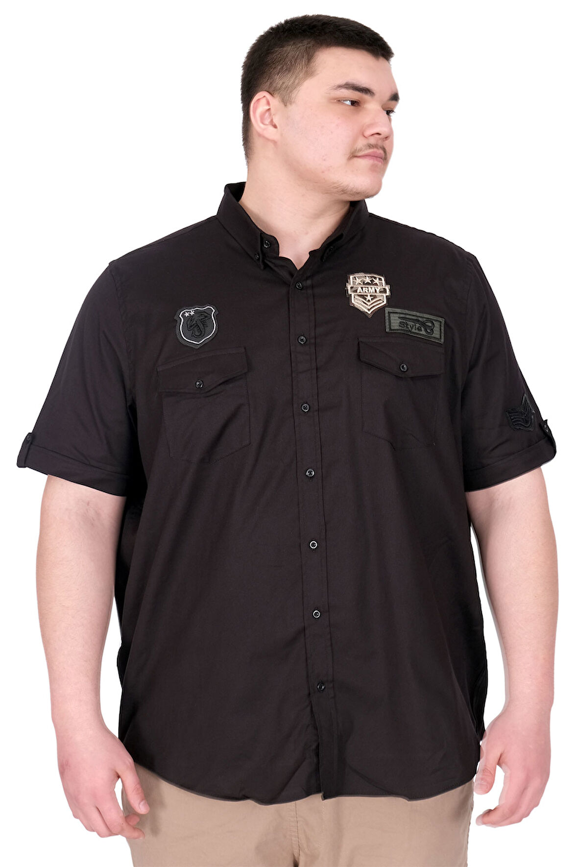 Mode XL Büyük Beden Erkek Gömlek Çift Kapaklı Gabardin U25601B Siyah